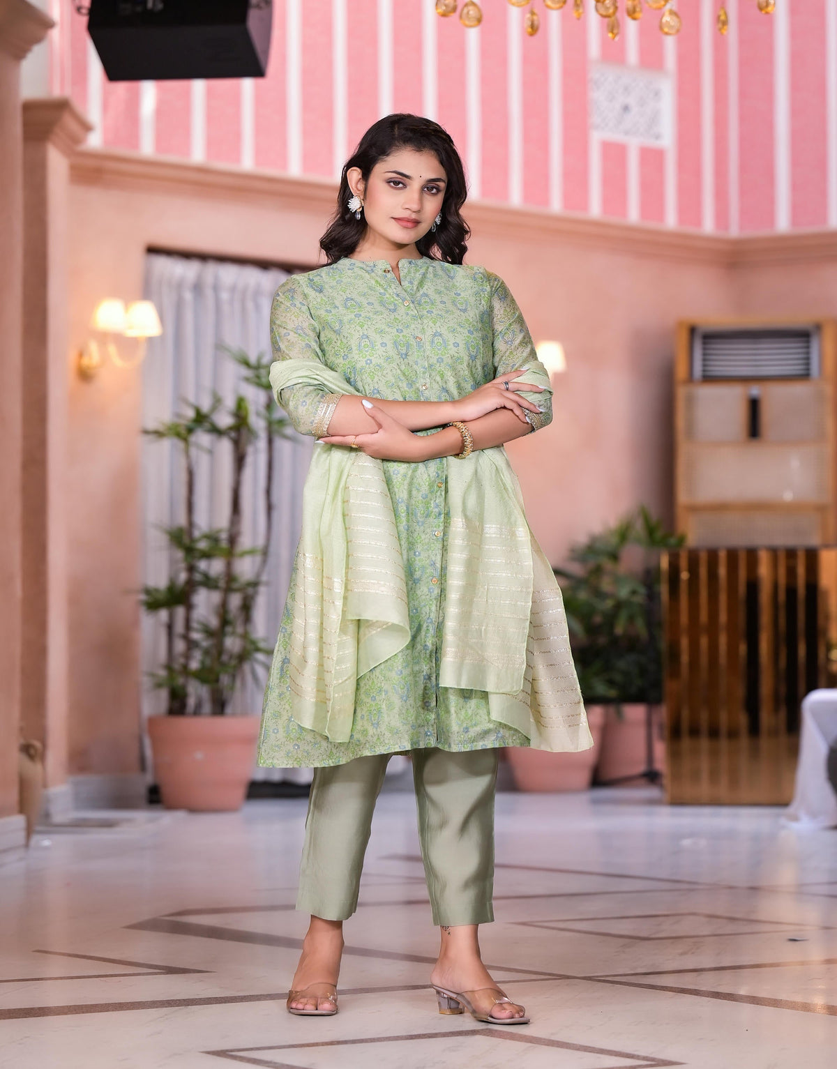 Juniper Women's Green Floral Printed Chanderi Kurta Set With Buttons & Sequins | Grocsy