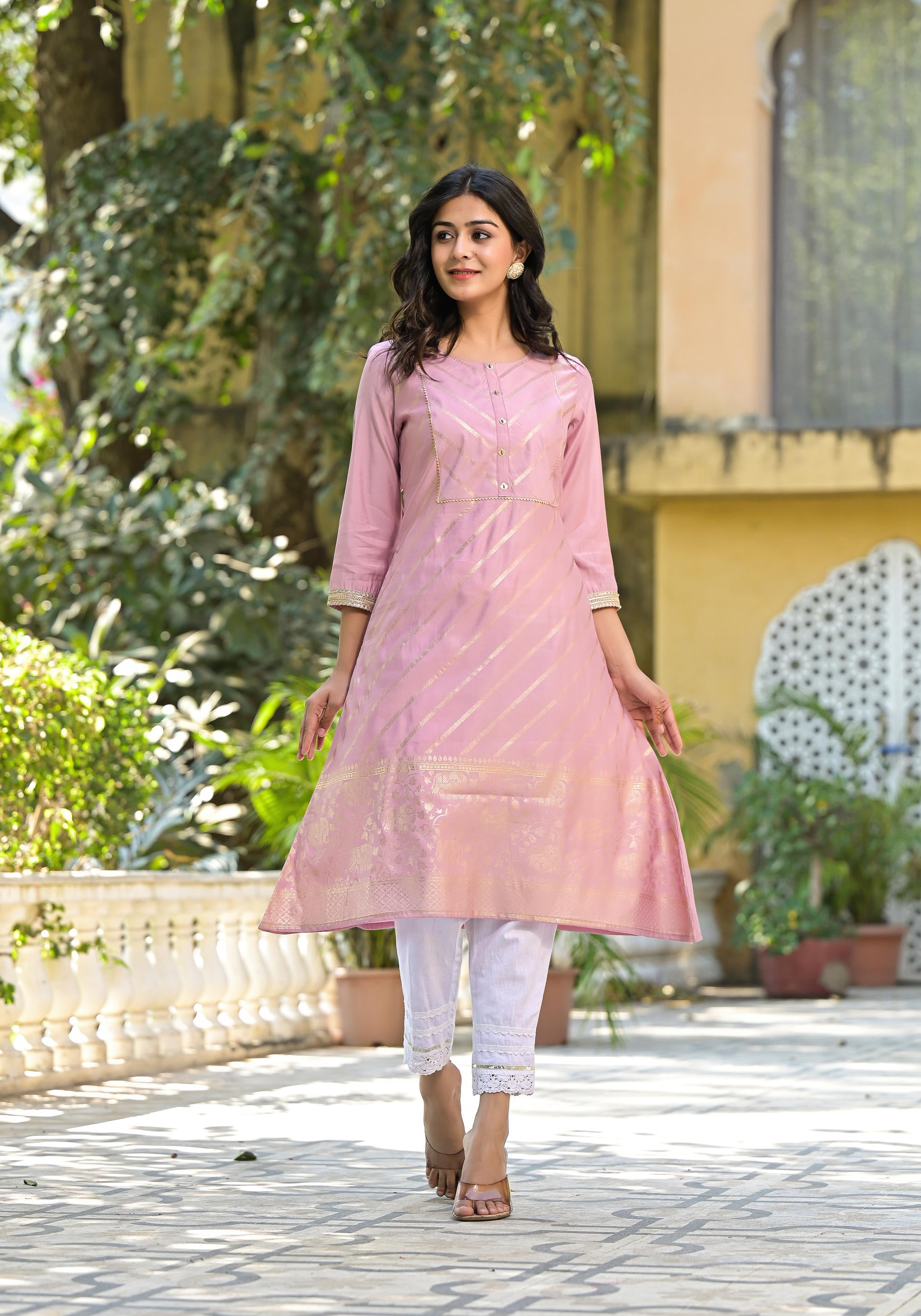 Juniper Women's Pink Floral Printed A-Line Tusser Silk Kurta | Grocsy