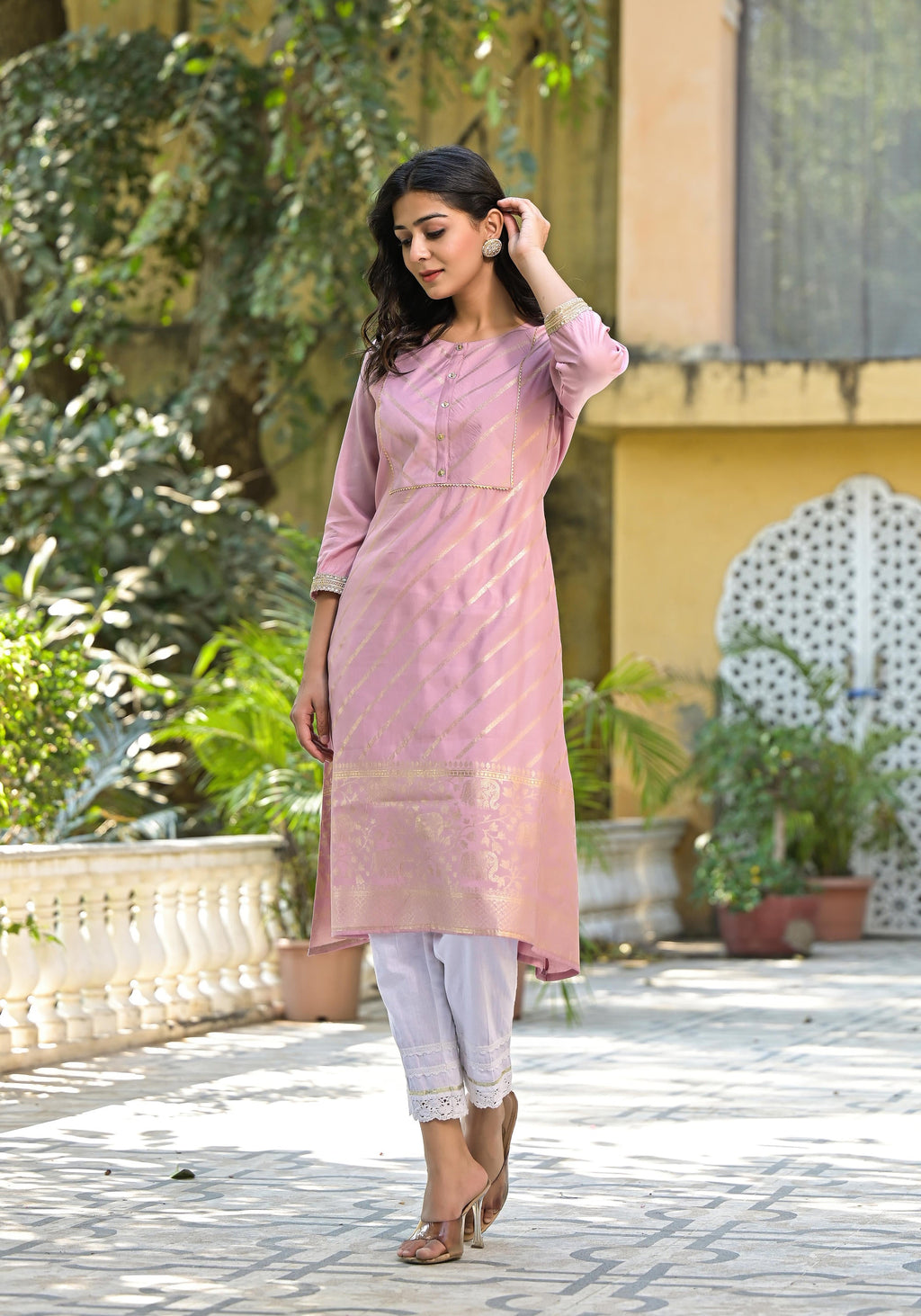 Juniper Women's Pink Floral Printed A-Line Tusser Silk Kurta | Grocsy