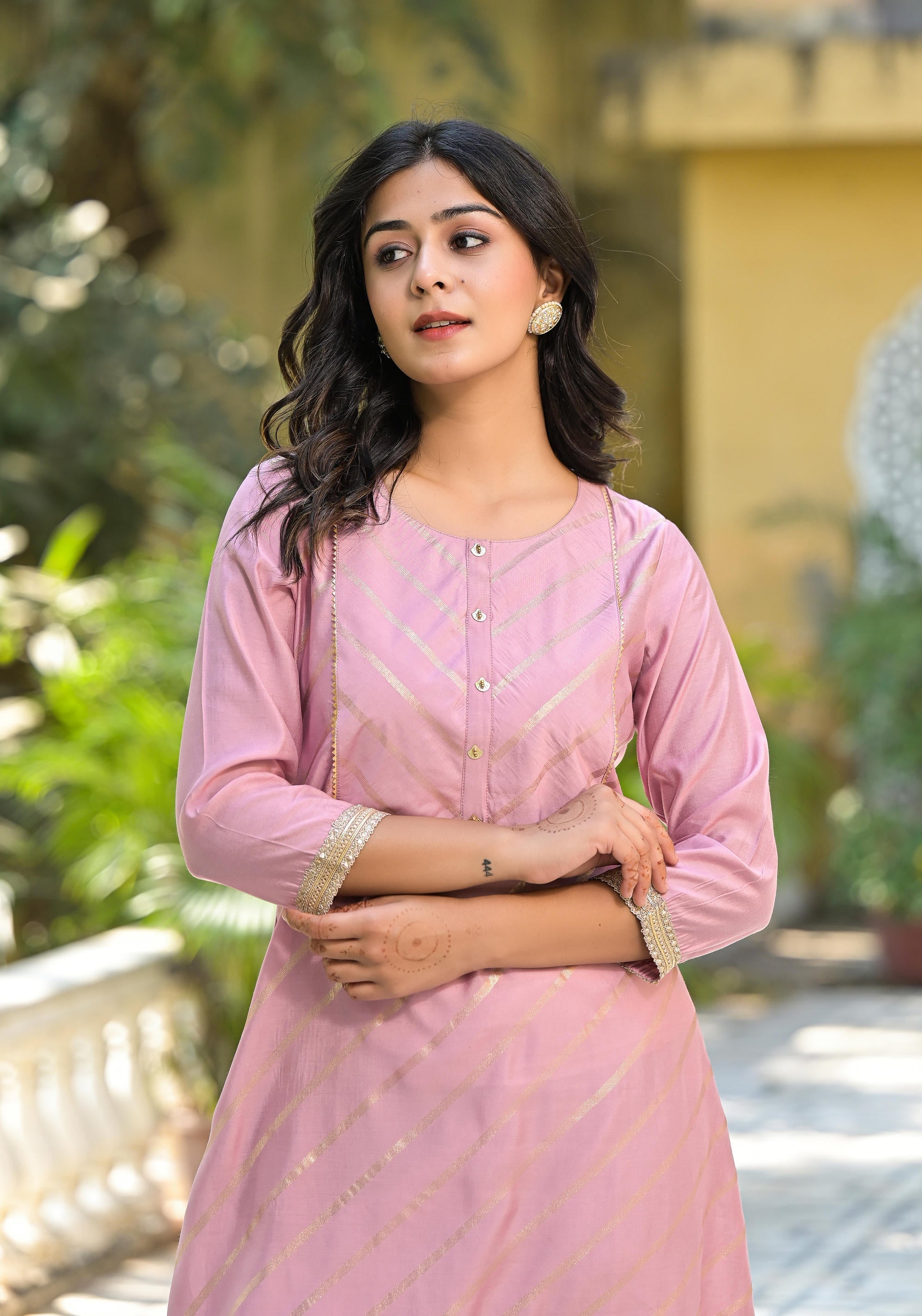 Juniper Women's Pink Floral Printed A-Line Tusser Silk Kurta | Grocsy