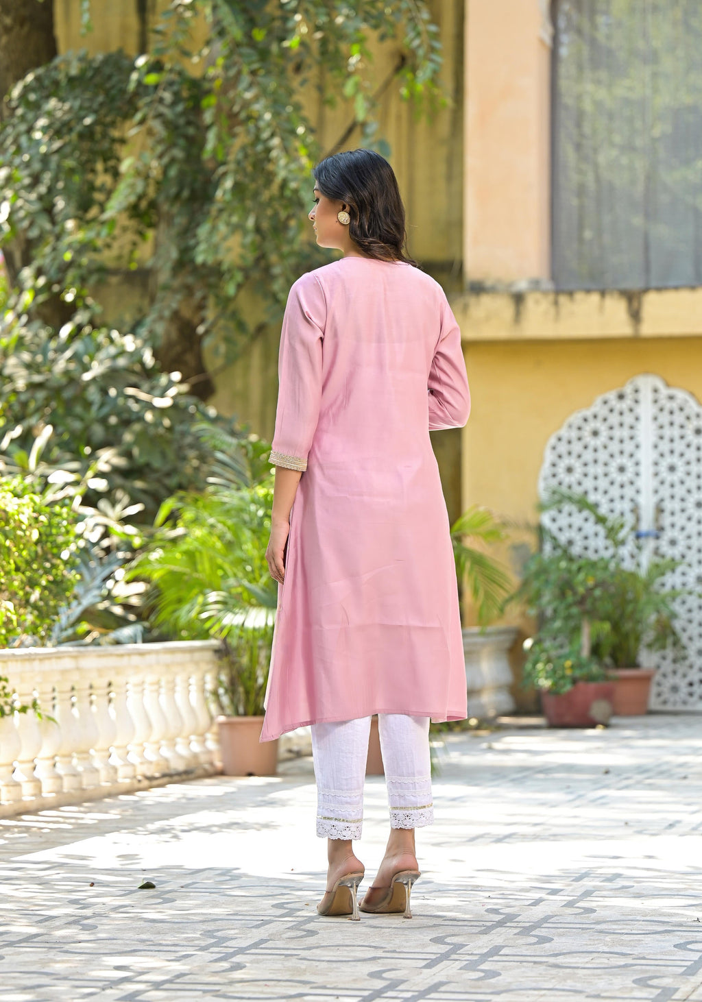 Juniper Women's Pink Floral Printed A-Line Tusser Silk Kurta | Grocsy