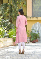 Juniper Women's Pink Floral Printed A-Line Tusser Silk Kurta | Grocsy