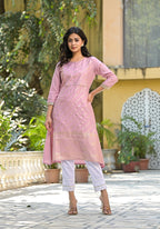 Juniper Women's Pink Floral Printed A-Line Tusser Silk Kurta | Grocsy
