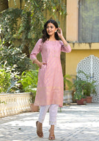 Juniper Women's Pink Floral Printed A-Line Tusser Silk Kurta | Grocsy