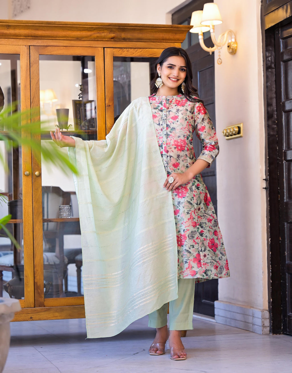 Juniper Women's White Silk Blend Floral Print Kurta Set | Grocsy