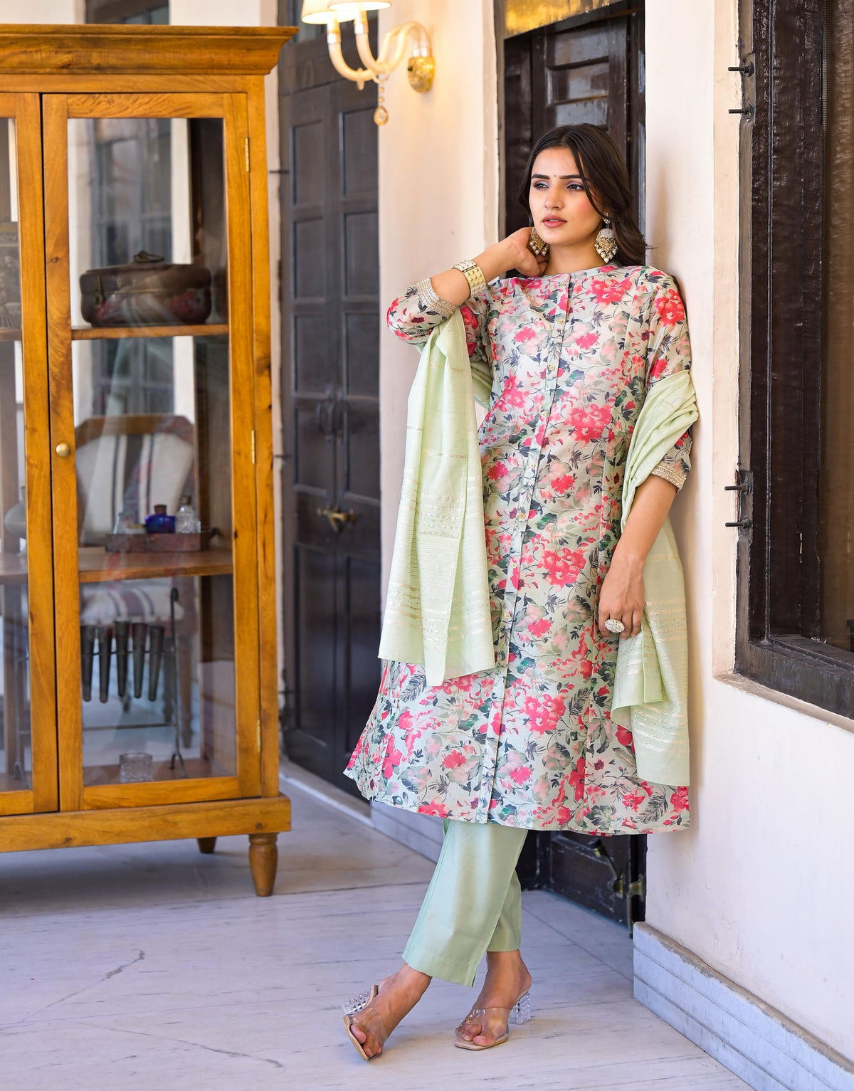 Juniper Women's White Silk Blend Floral Print Kurta Set | Grocsy