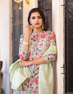Juniper Women's White Silk Blend Floral Print Kurta Set | Grocsy