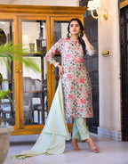 Juniper Women's White Silk Blend Floral Print Kurta Set | Grocsy