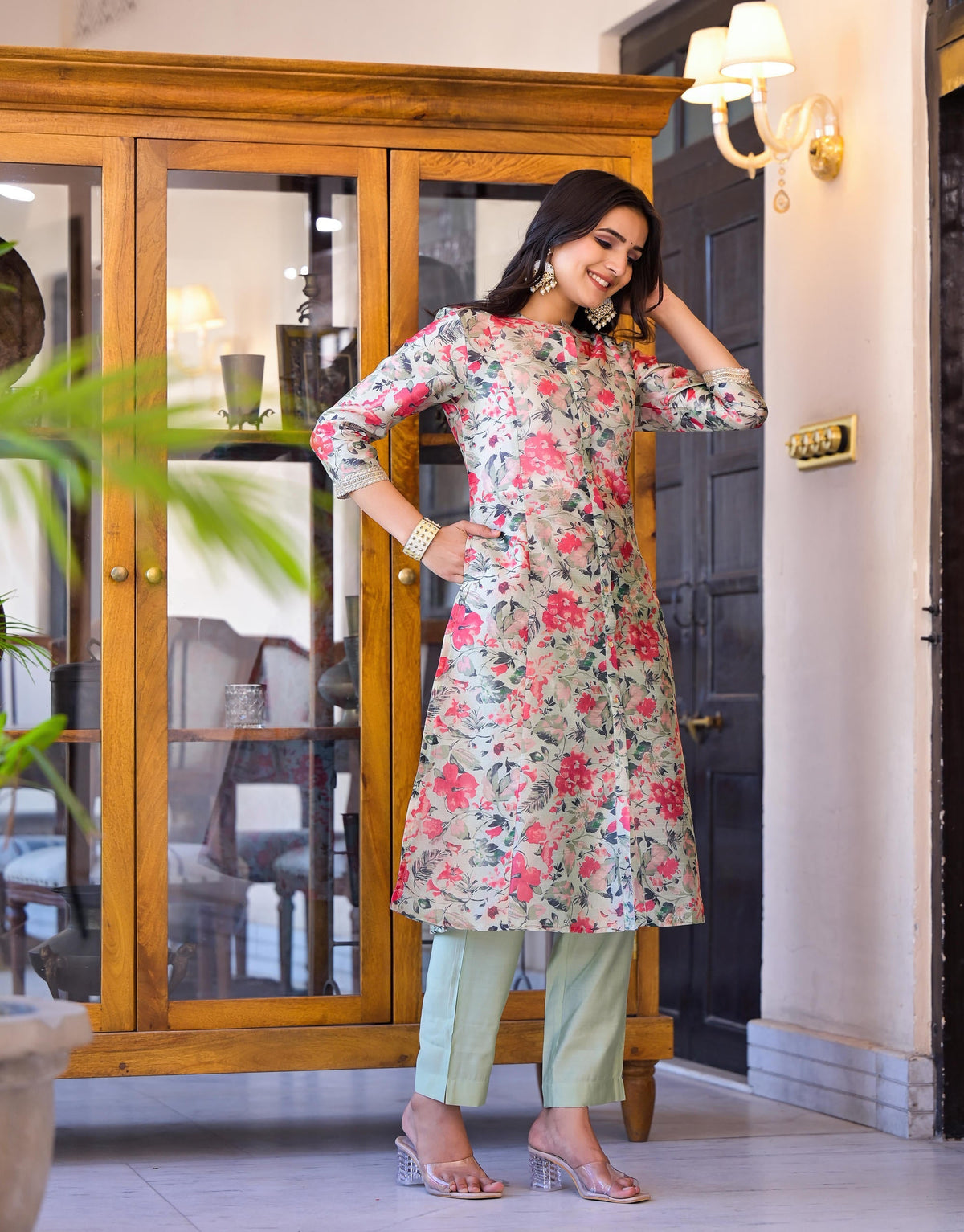Juniper Women's White Silk Blend Floral Print Kurta Set | Grocsy