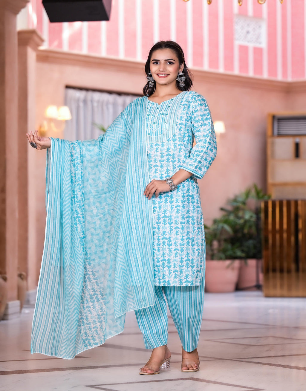 Juniper Women's Rama Green Floral Printed Cotton Kurta Set With Mirror & Thread Work | Grocsy