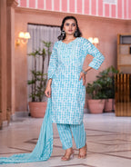 Juniper Women's Rama Green Floral Printed Cotton Kurta Set With Mirror & Thread Work | Grocsy