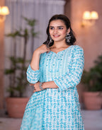 Juniper Women's Rama Green Floral Printed Cotton Kurta Set With Mirror & Thread Work | Grocsy