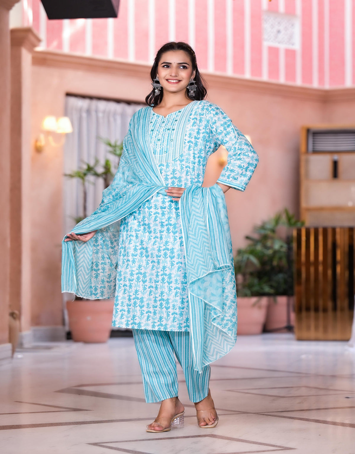Juniper Women's Rama Green Floral Printed Cotton Kurta Set With Mirror & Thread Work | Grocsy