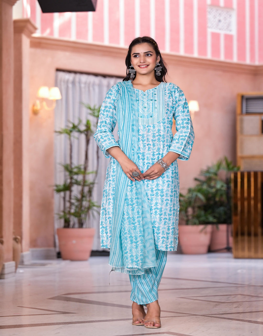 Juniper Women's Rama Green Floral Printed Cotton Kurta Set With Mirror & Thread Work | Grocsy