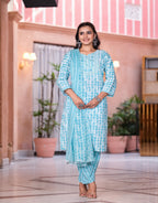 Juniper Women's Rama Green Floral Printed Cotton Kurta Set With Mirror & Thread Work | Grocsy