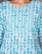 Juniper Women's Rama Green Floral Printed Cotton Kurta Set With Mirror & Thread Work | Grocsy