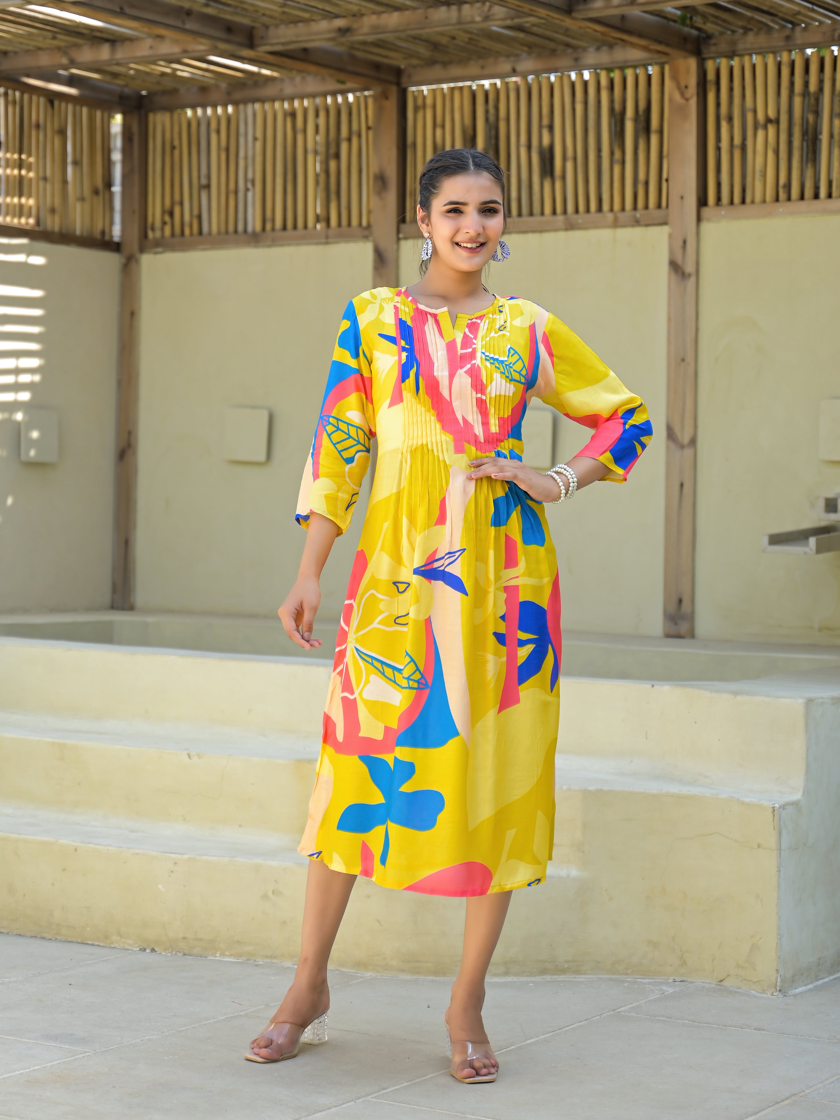 Juniper Women's Yellow Floral Printed Muslin A-Line Dres | Grocsy