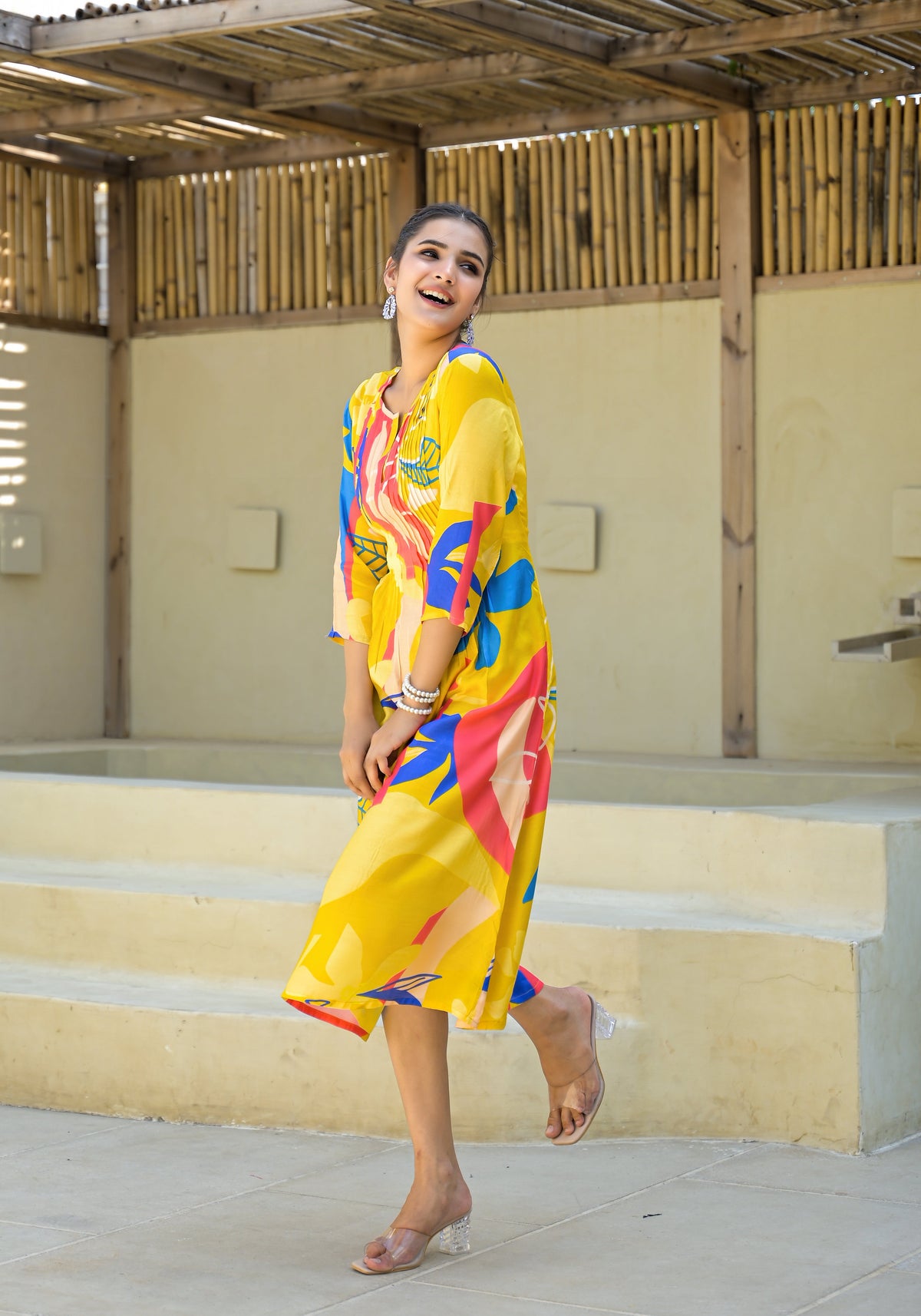 Juniper Women's Yellow Floral Printed Muslin A-Line Dres | Grocsy