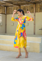Juniper Women's Yellow Floral Printed Muslin A-Line Dres | Grocsy