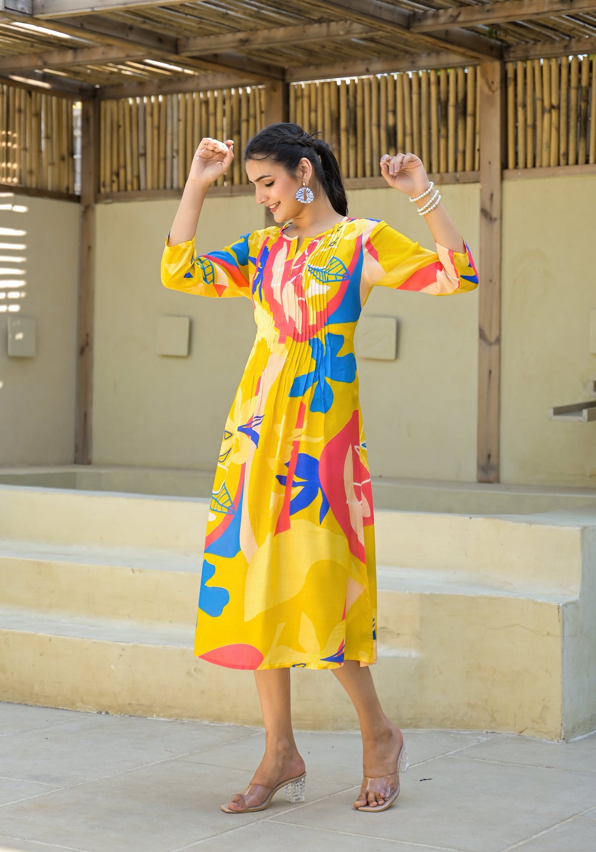Juniper Women's Yellow Floral Printed Muslin A-Line Dres | Grocsy
