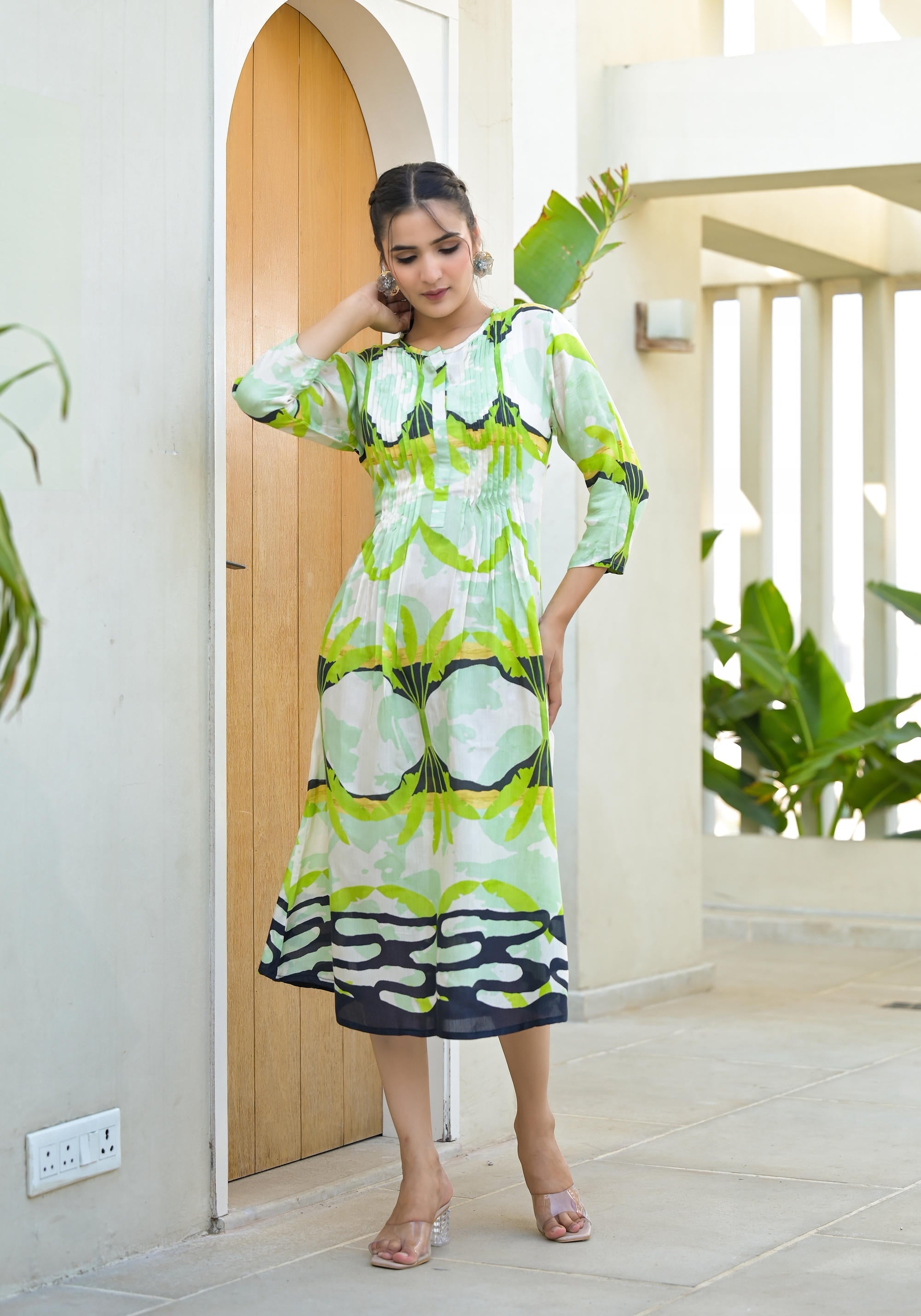 Juniper Green muslin boat neck knee length dress with ethnic print | Grocsy