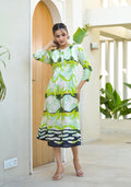 Juniper Green muslin boat neck knee length dress with ethnic print | Grocsy