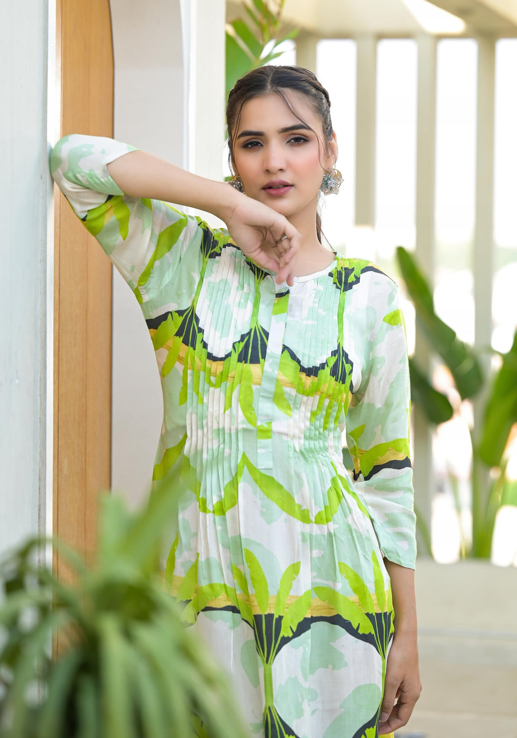 Juniper Green muslin boat neck knee length dress with ethnic print | Grocsy