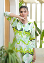 Juniper Green muslin boat neck knee length dress with ethnic print | Grocsy
