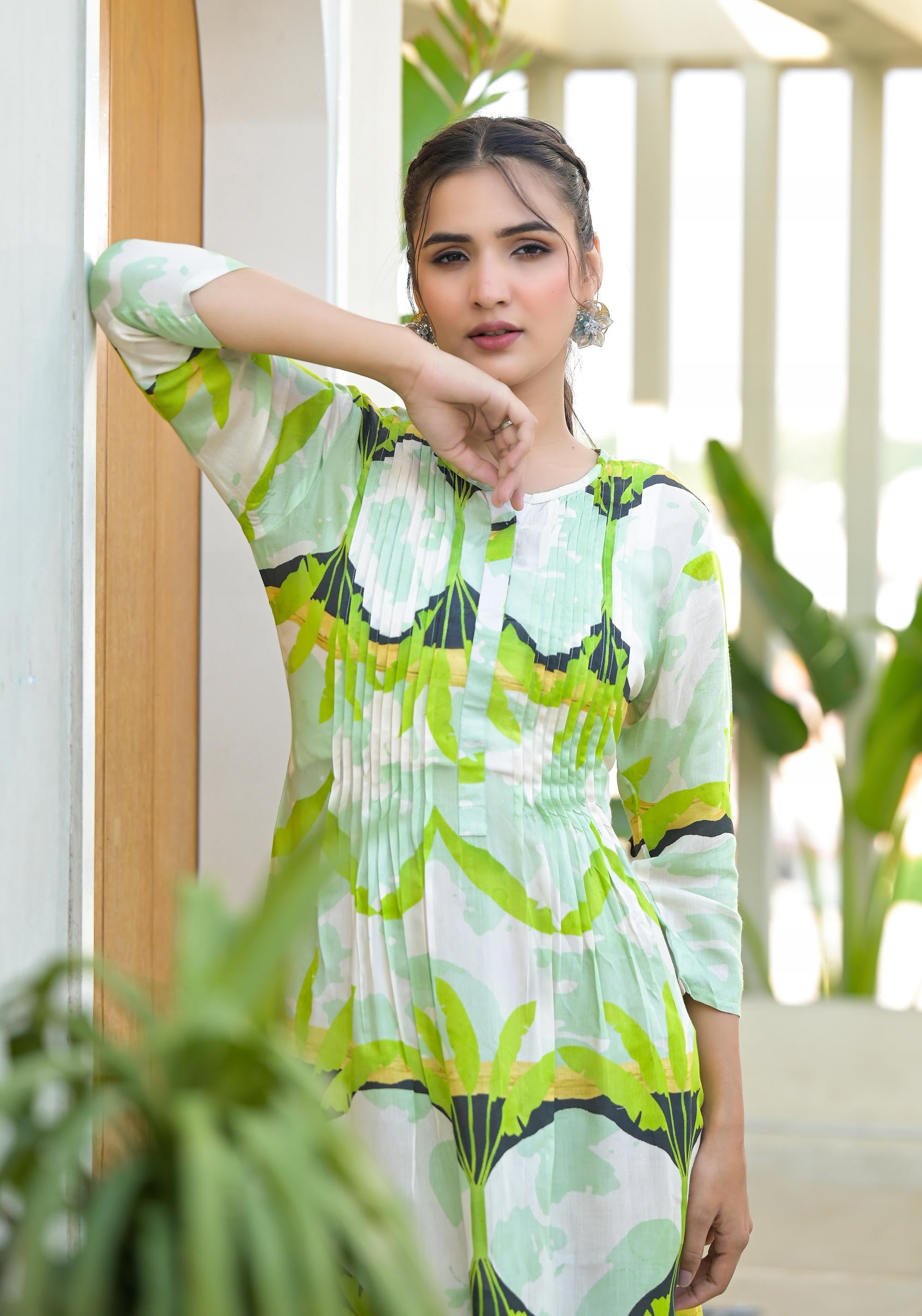 Juniper Green muslin boat neck knee length dress with ethnic print | Grocsy