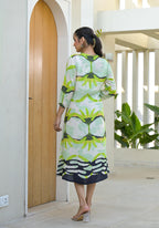 Juniper Green muslin boat neck knee length dress with ethnic print | Grocsy
