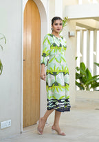 Juniper Green muslin boat neck knee length dress with ethnic print | Grocsy