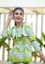 Juniper Green muslin boat neck knee length dress with ethnic print | Grocsy
