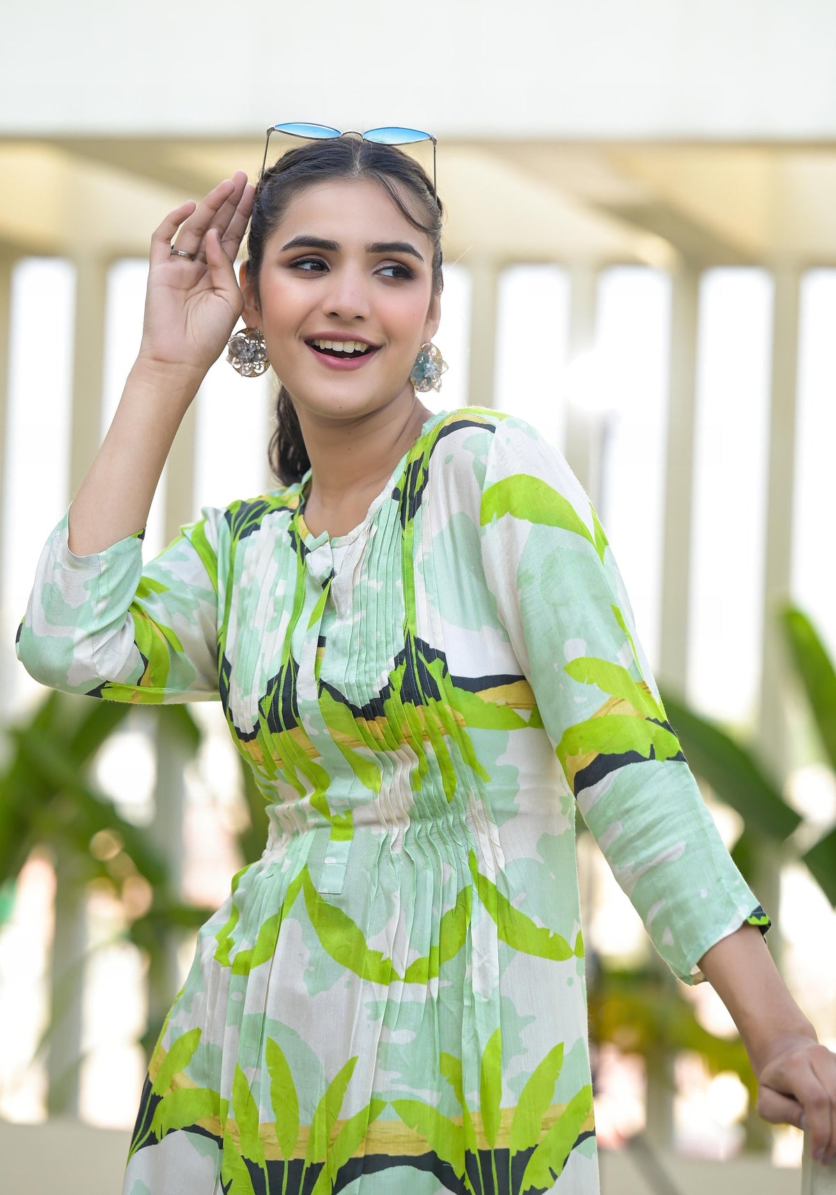 Juniper Green muslin boat neck knee length dress with ethnic print | Grocsy