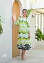 Juniper Green muslin boat neck knee length dress with ethnic print | Grocsy
