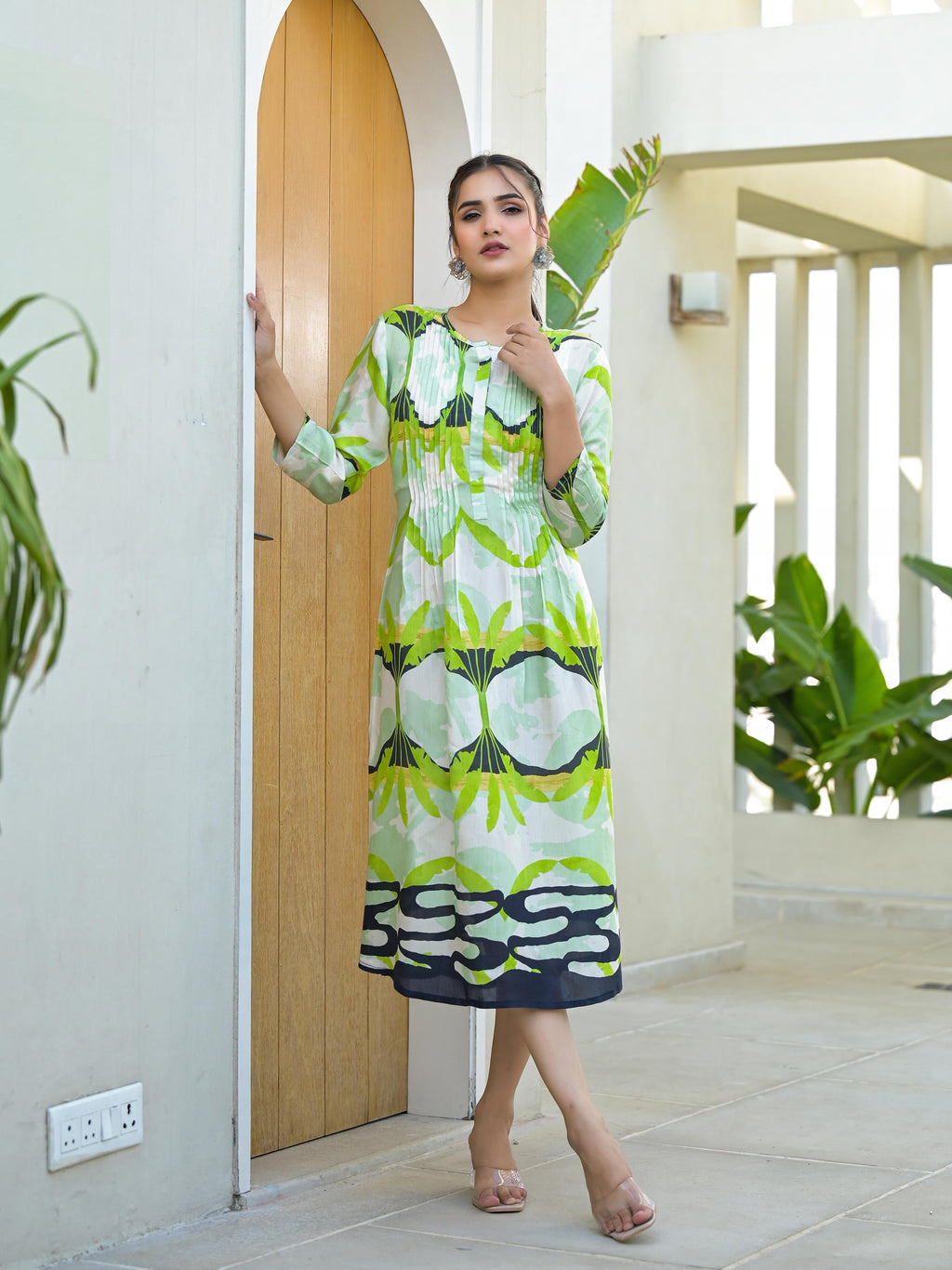 Juniper Green muslin boat neck knee length dress with ethnic print | Grocsy