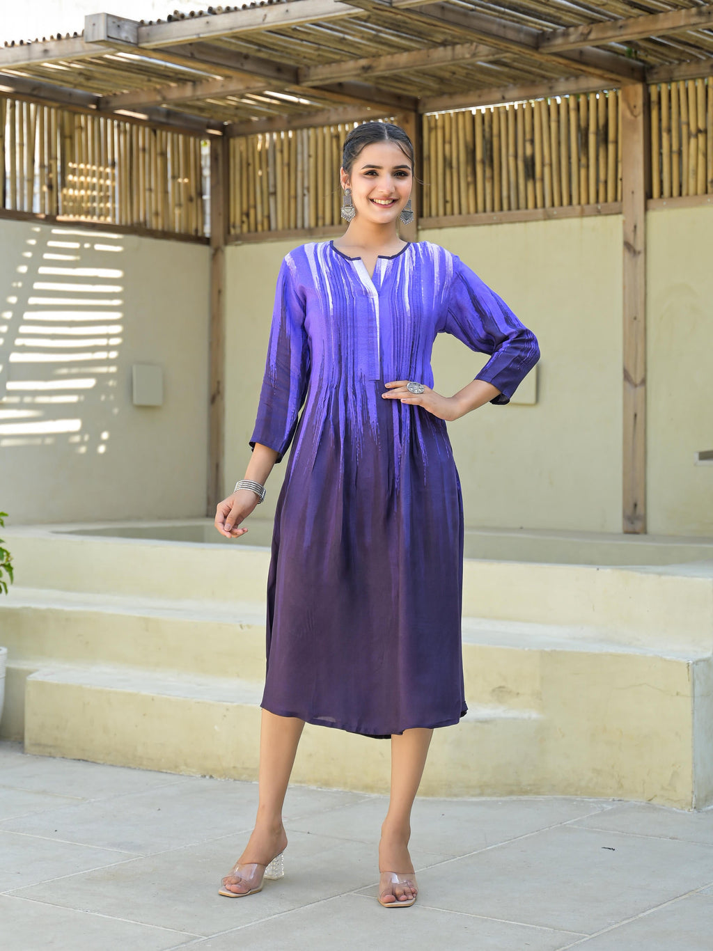 Juniper Purple women muslin dress with vibrant tie & dye print | Grocsy