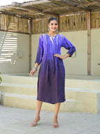 Juniper Purple women muslin dress with vibrant tie & dye print | Grocsy