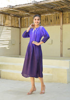 Juniper Purple women muslin dress with vibrant tie & dye print | Grocsy