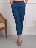 Juniper Blue Solid Cotton Pants With Partially Elasticated Waistband And Two Side Pockets | Grocsy