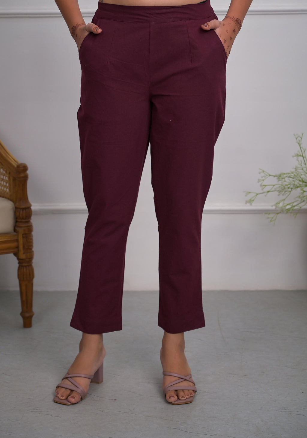 Juniper Women's Burgundy Solid Cotton Pants With Partially Elasticated Waistband And Two Side Pockets | Grocsy
