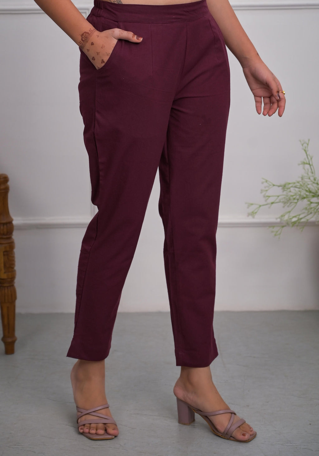 Juniper Women's Burgundy Solid Cotton Pants With Partially Elasticated Waistband And Two Side Pockets | Grocsy