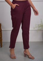 Juniper Women's Burgundy Solid Cotton Pants With Partially Elasticated Waistband And Two Side Pockets | Grocsy