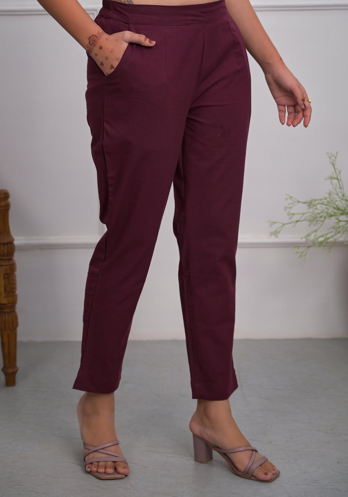 Juniper Women's Burgundy Solid Cotton Pants With Partially Elasticated Waistband And Two Side Pockets | Grocsy