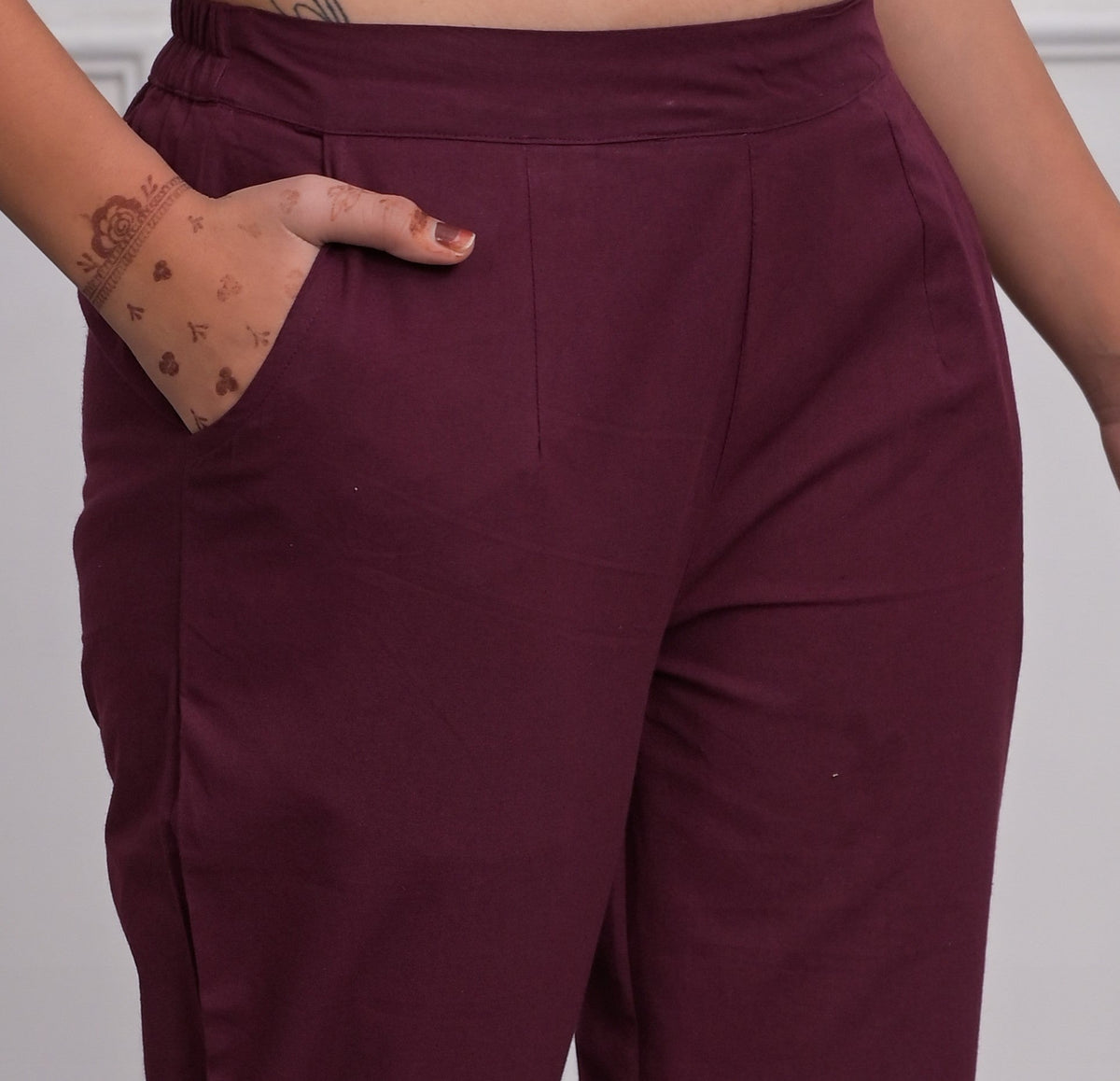 Juniper Women's Burgundy Solid Cotton Pants With Partially Elasticated Waistband And Two Side Pockets | Grocsy