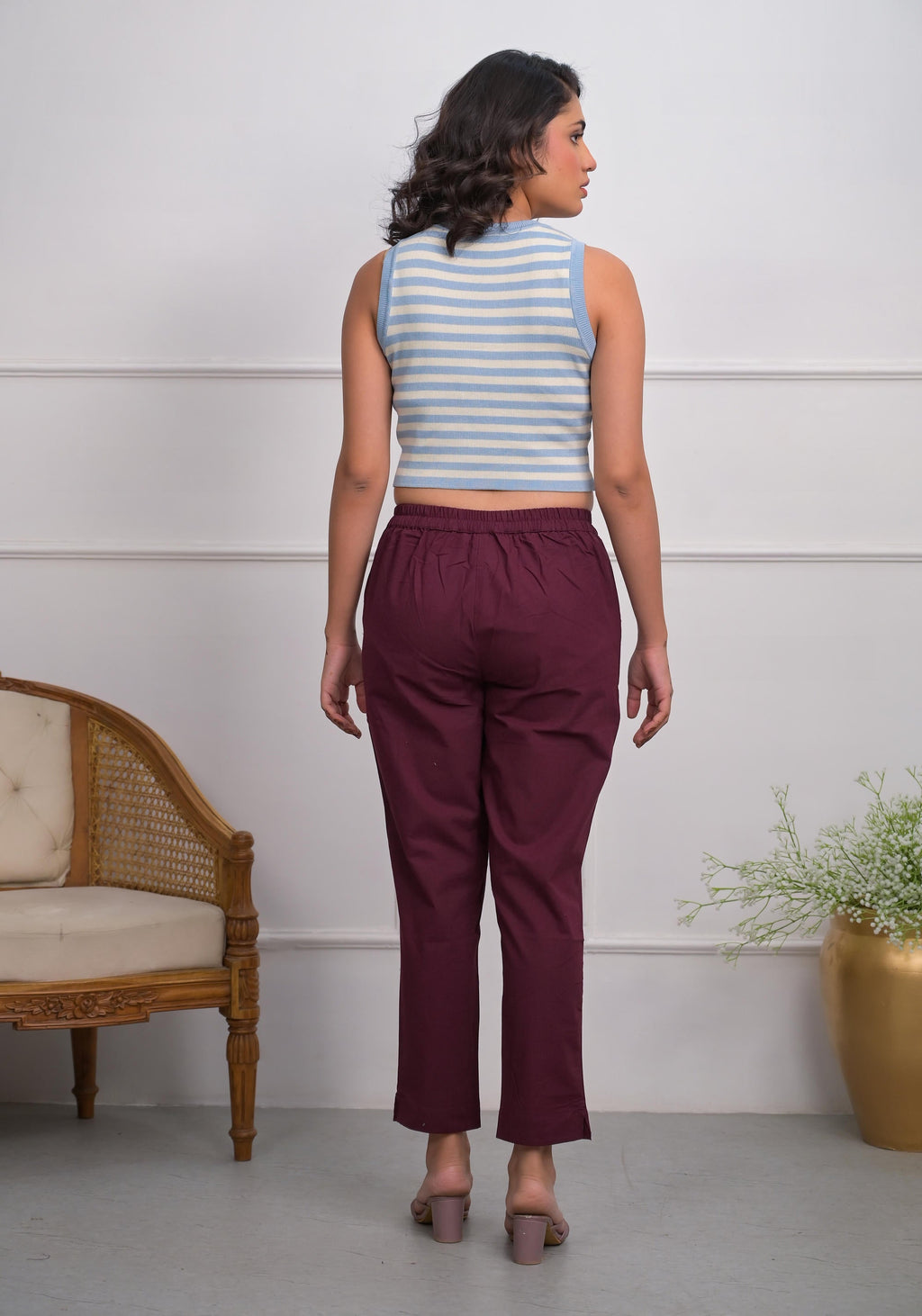 Juniper Women's Burgundy Solid Cotton Pants With Partially Elasticated Waistband And Two Side Pockets | Grocsy