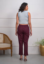 Juniper Women's Burgundy Solid Cotton Pants With Partially Elasticated Waistband And Two Side Pockets | Grocsy