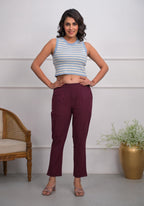 Juniper Women's Burgundy Solid Cotton Pants With Partially Elasticated Waistband And Two Side Pockets | Grocsy