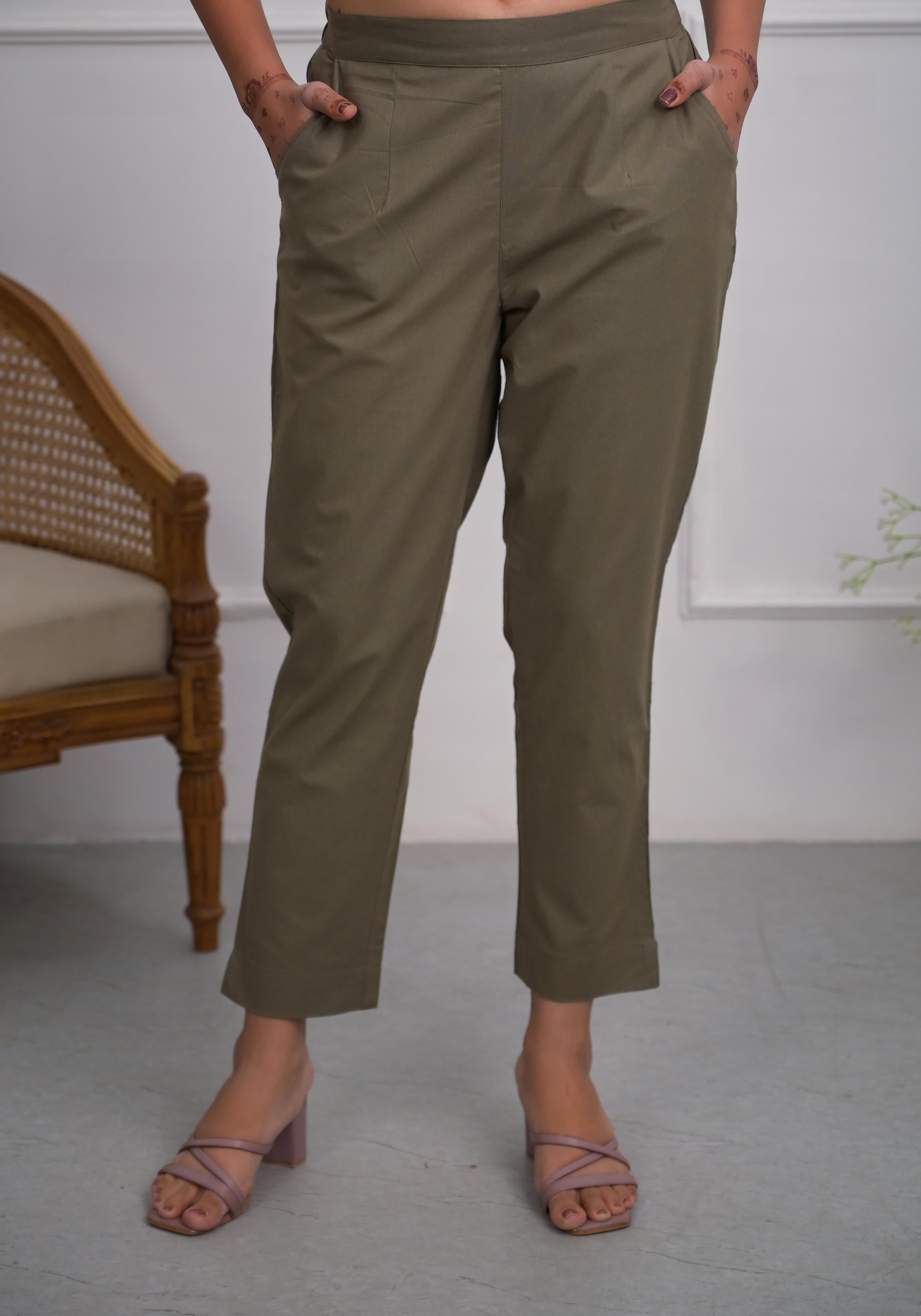 Juniper Charcoal Solid Cotton Pants With Partially Elasticated Waistband And Two Side Pockets | Grocsy