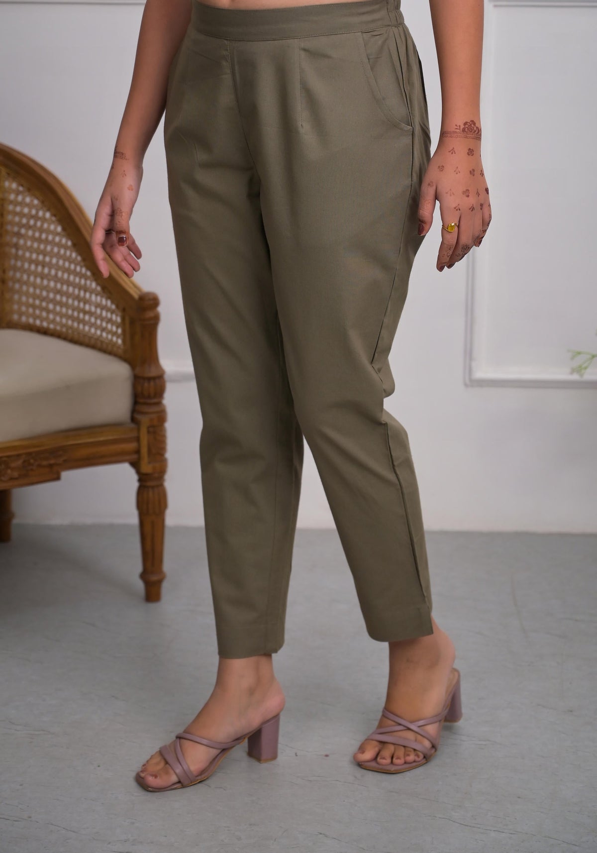 Juniper Charcoal Solid Cotton Pants With Partially Elasticated Waistband And Two Side Pockets | Grocsy