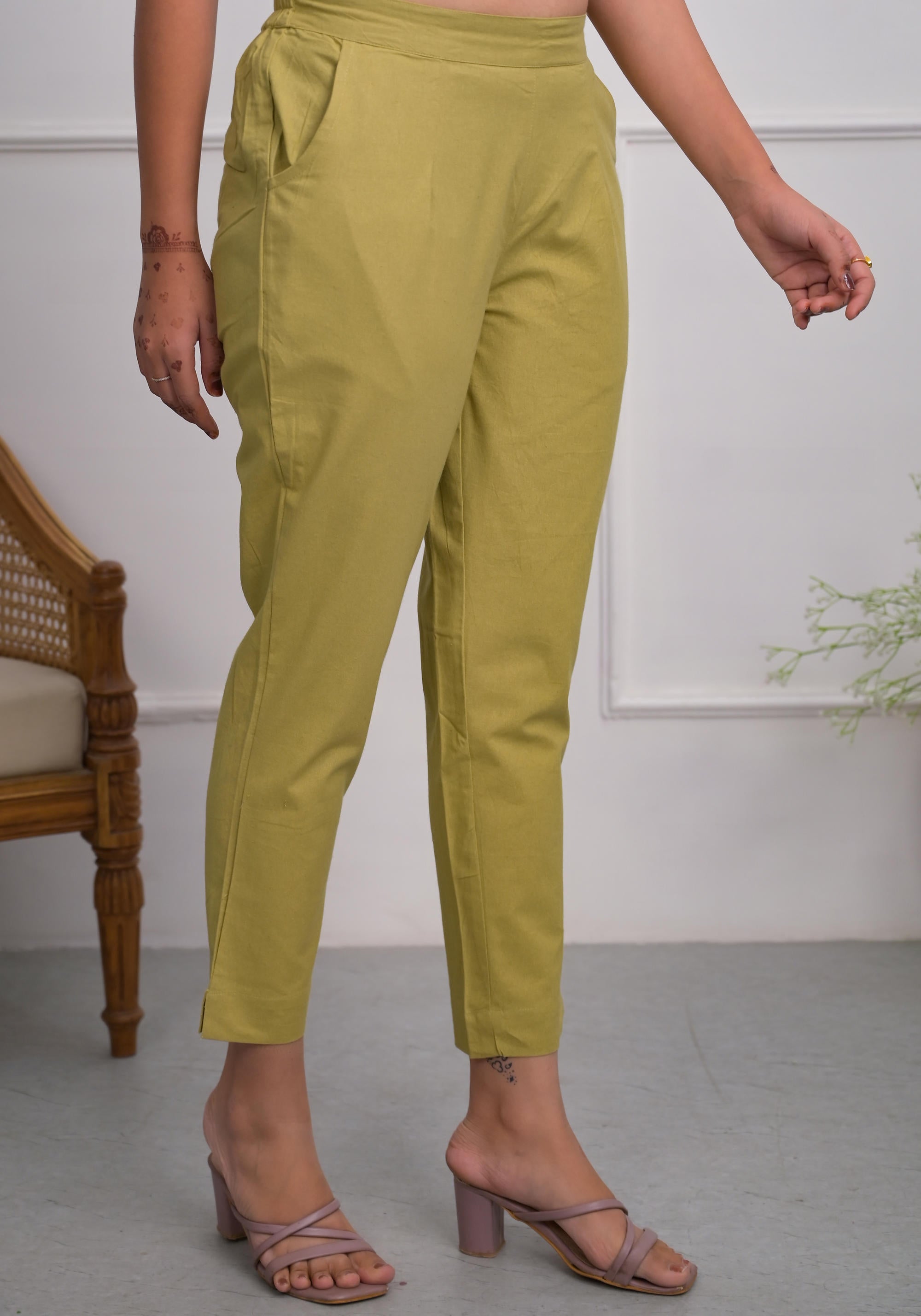 Juniper Women's Khaki Solid Cotton Pants With Partially Elasticated Waistband And Two Side Pockets | Grocsy
